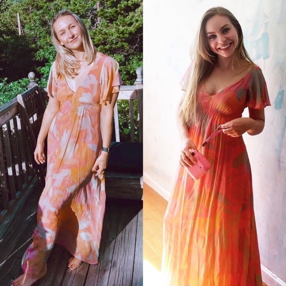 VEDA Bright Floral Short Flutter Sleeve V-Neck Ruched Empire Waist Maxi Dress XS - Picture 5 of 16